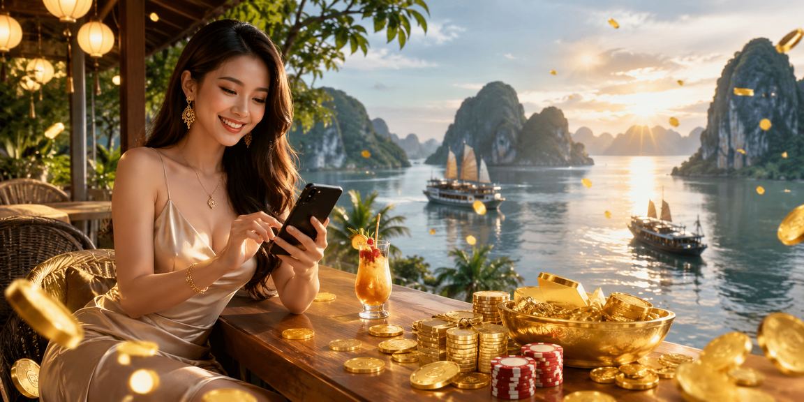 Người dùng xem xổ số trên điện thoại tại Vịnh Hạ Long bên ly cà phê